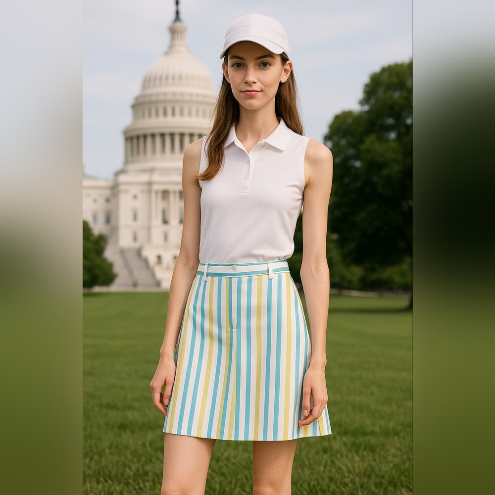 BURBERRY GOLF Striped Blue Green White‎ Skirt Belt Loops POLAND🇵🇱MADE Size 8